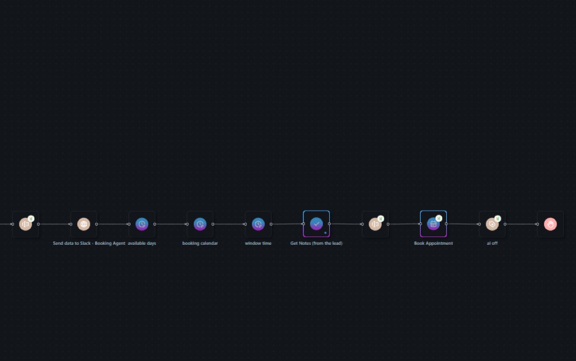 Conversational AI qualification flow showing service identification, address capture and calendar booking steps