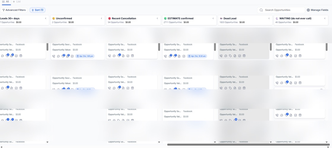 GoHighLevel opportunities board with pipeline stages matching the real lead lifecycle