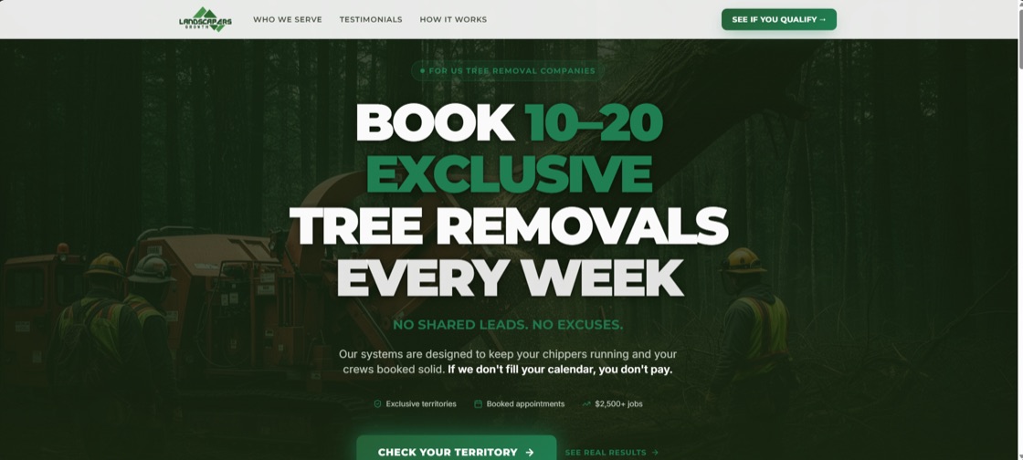 LandscapersGrowth landing page hero: &lsquo;Book 10-20 exclusive tree removals every week&rsquo; with a qualifying territory-check call to action